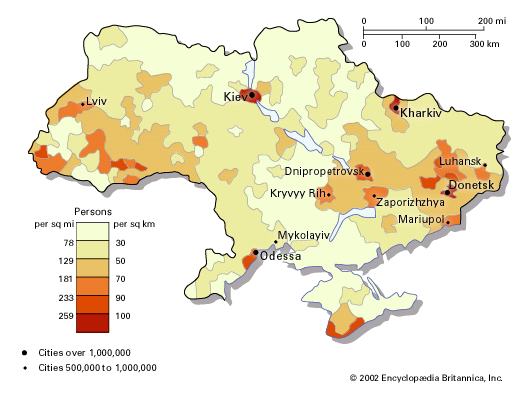 Map of Ukraine: Density of population.